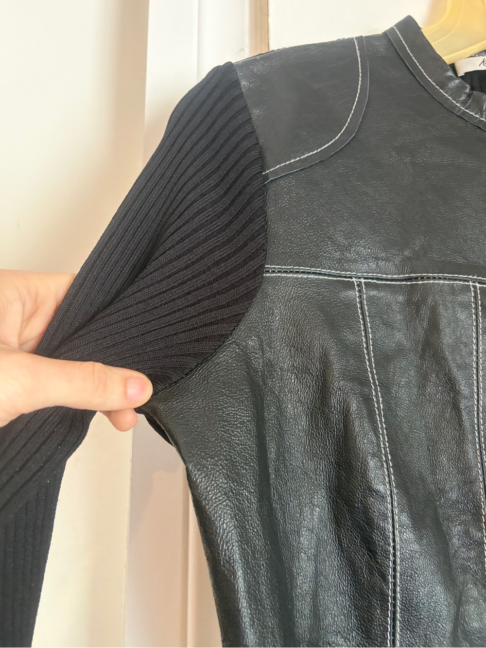 Vintage Black Leather Front Knit Sleeve Zip Jacket/top - Picture 5 of 16